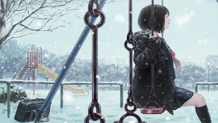 下雪天，户外公园荡秋千的JK制服短裙 学生妹 动漫少女高清壁纸