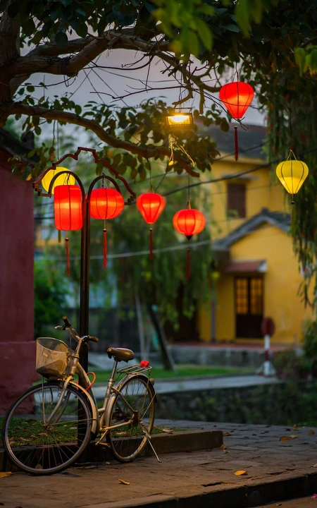 黄昏，挂着灯笼的树下，一辆自行车唯美高清手机壁纸图片