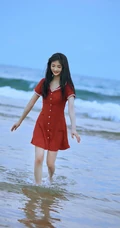 周洁琼复古清新红裙着身户外海边写真照片