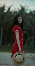 周洁琼复古清新红裙着身户外海边写真照片