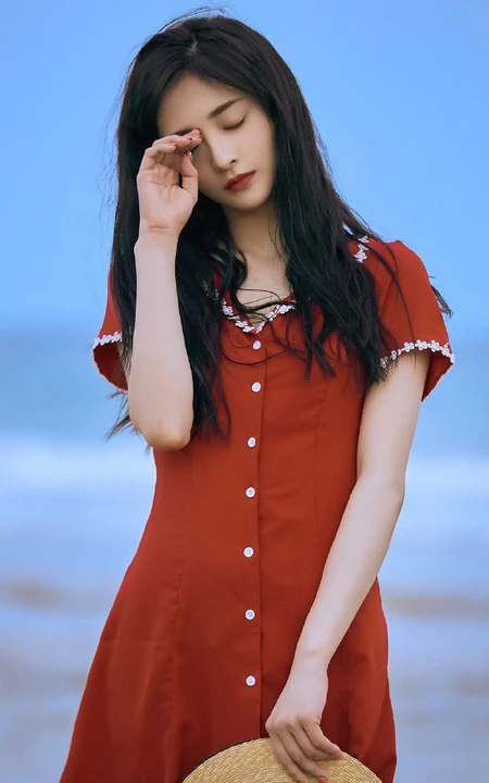 周洁琼复古清新红裙着身户外海边写真照片