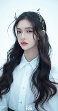 头戴花草，或绿叶的女演员林允V领公主裙着身气质灵动写真照片