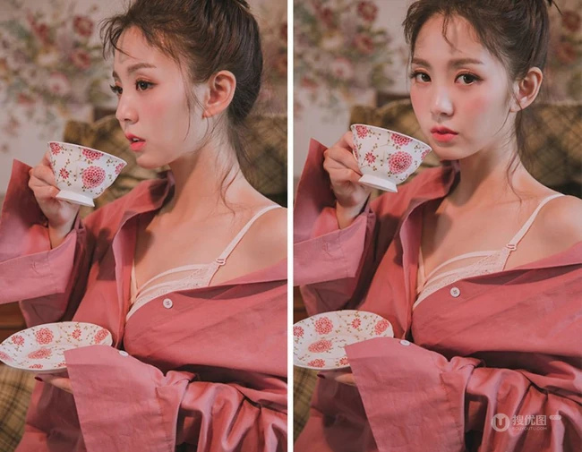 可爱脸蛋红彤彤，韩国女生模特、主播乐采垠肩带家居服温暖花房前写真照片