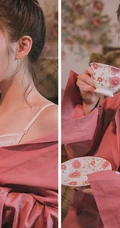 可爱脸蛋红彤彤，韩国女生模特、主播乐采垠肩带家居服温暖花房前写真照片