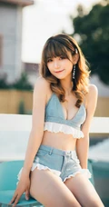 阳光下明媚的笑容，大腿有纹身的女生小猫病气质牛仔家居服热裤户外写真照