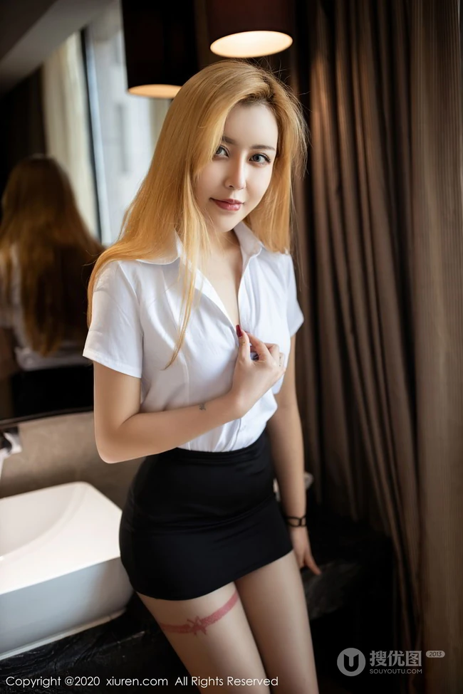 气质时尚染发女生小秘书徐安冉miki白衫黑裙妩媚动人线条感线条袜装写真照