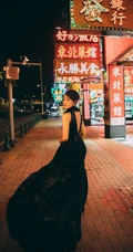 赵子琪黑色开衩长裙典雅大气气质港风街拍夜拍写真图片