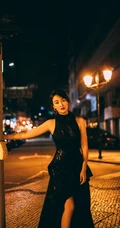 赵子琪黑色开衩长裙典雅大气气质港风街拍夜拍写真图片