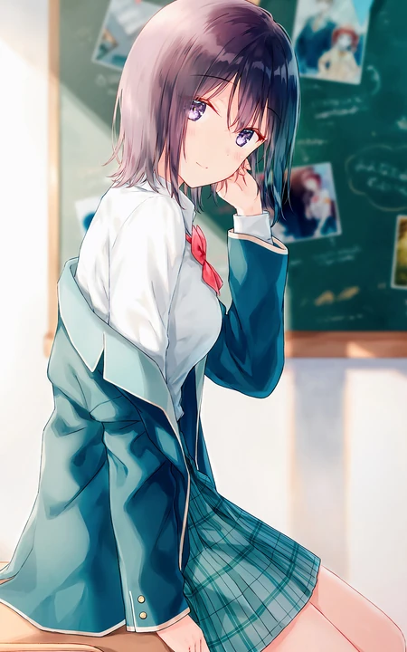 教室 坐在课桌上的JK制服短裙美少女动漫学生妹子手机壁纸图片