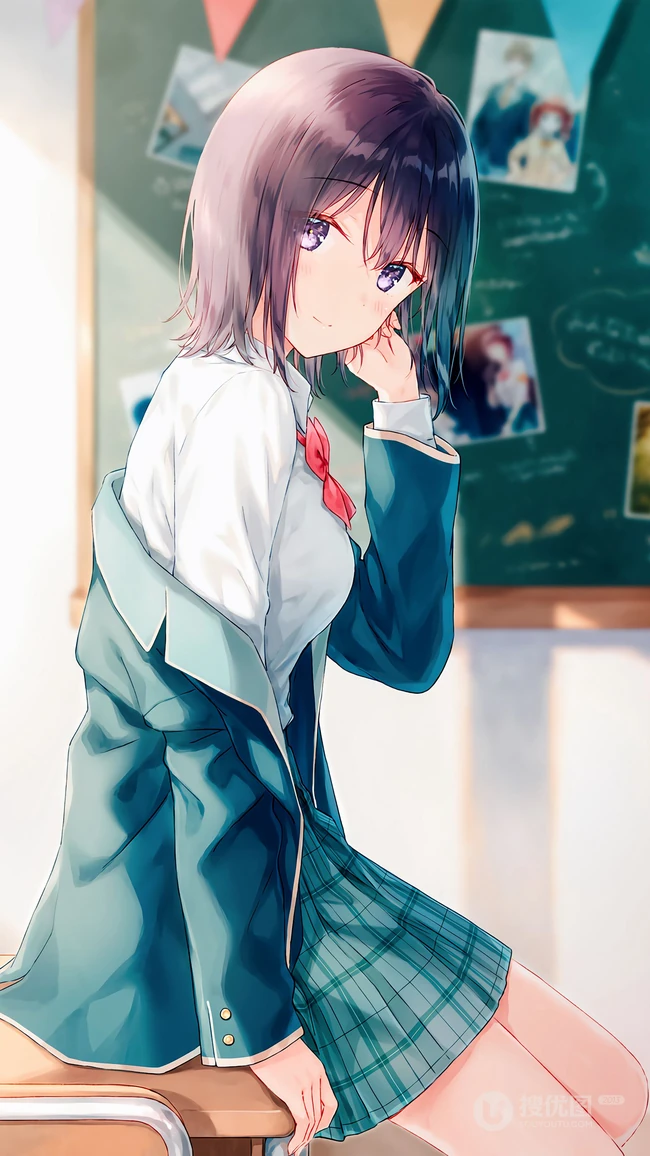 教室 坐在课桌上的JK制服短裙美少女动漫学生妹子手机壁纸图片