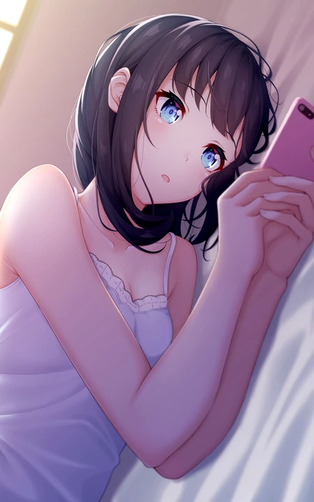 侧躺在床上玩手机的二次元动漫睡裙美少女高中生学妹手机壁纸图片