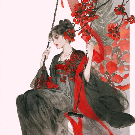荡秋千的古风古装女子手绘图片