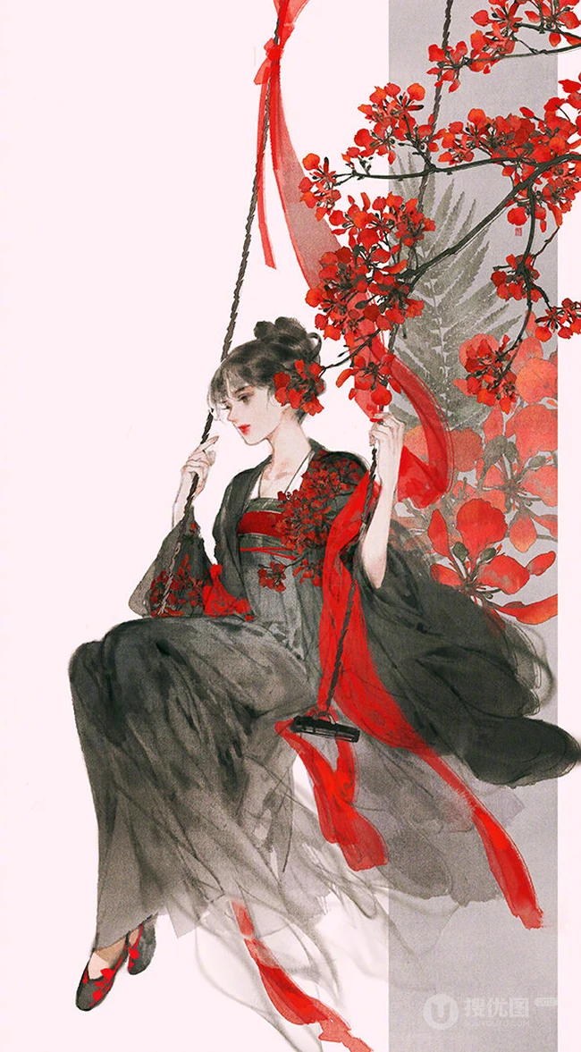 荡秋千的古风古装女子手绘图片