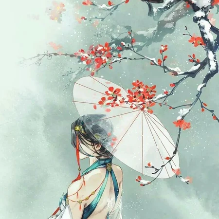 寒梅，梅花树下 执伞露背的古装女生手绘插画美图