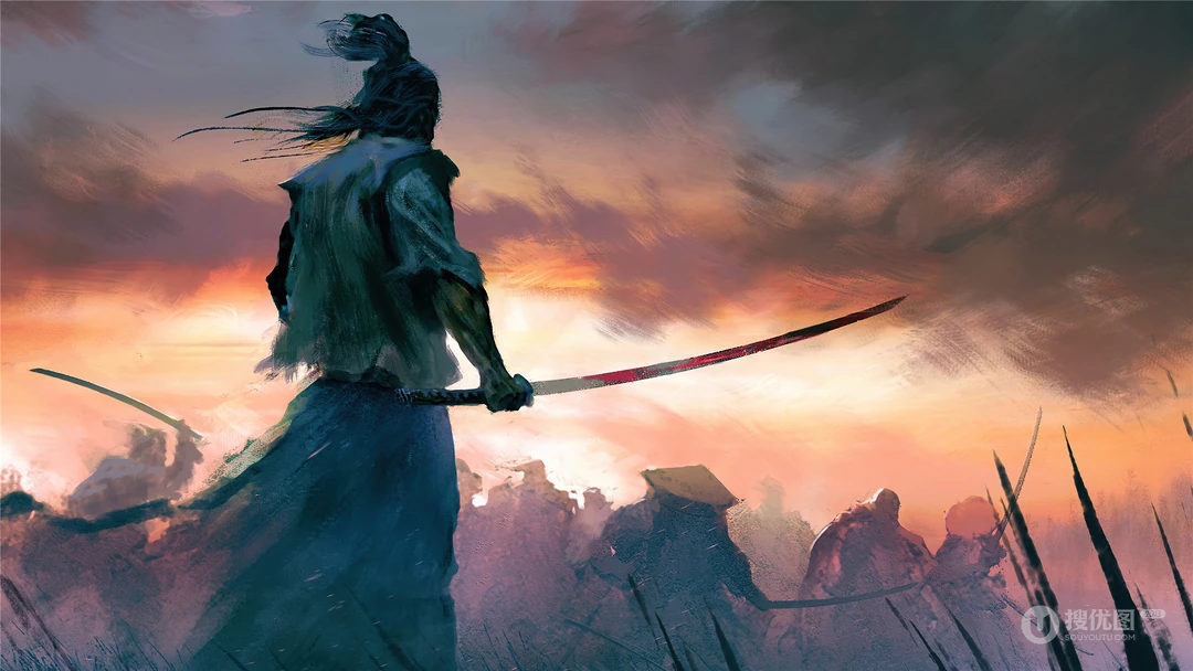战场里，单手拿着武士刀的日本浪人背影唯美手绘壁纸图片
