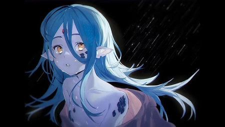 雨夜 黑色背景，半裸 流着泪的尖耳朵精灵动漫少女桌面壁纸图片