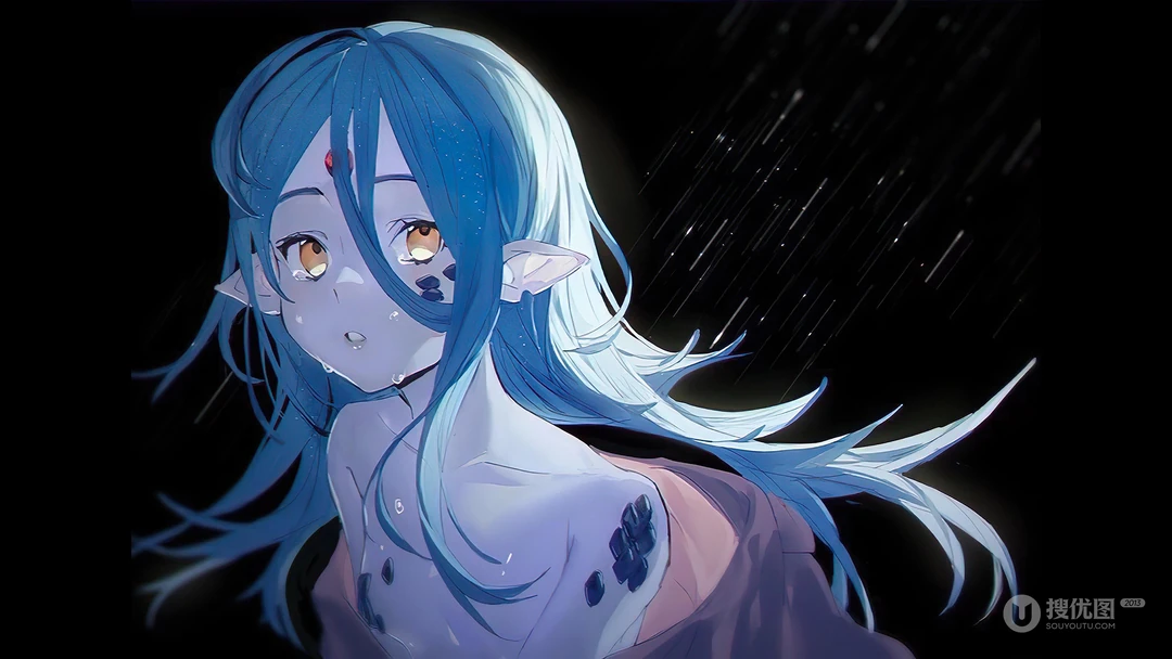 雨夜 黑色背景，半裸 流着泪的尖耳朵精灵动漫少女桌面壁纸图片