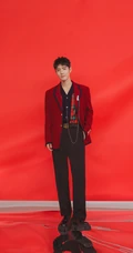 肖战烫发短发发型搭配红色西服帅气阳光写真照片