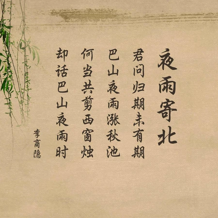 晚唐诗人李商隐抒情七言绝句作品《夜雨寄北》唯美复古文字背景图片