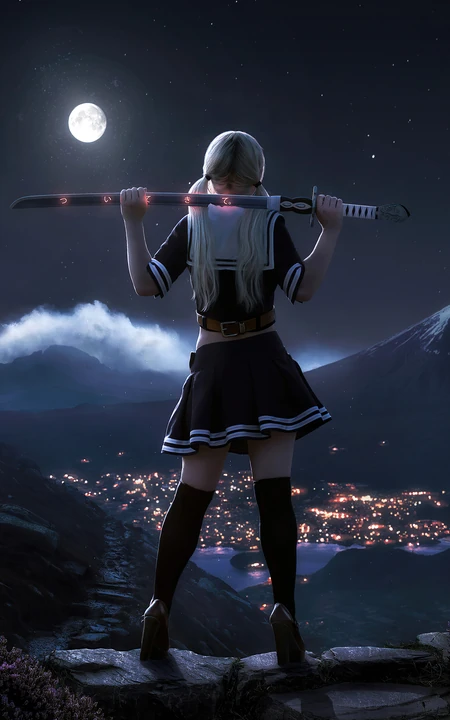 明月高悬 站在石头上 肩上搭着武士刀的JK制服动漫少女背影手机壁纸图片