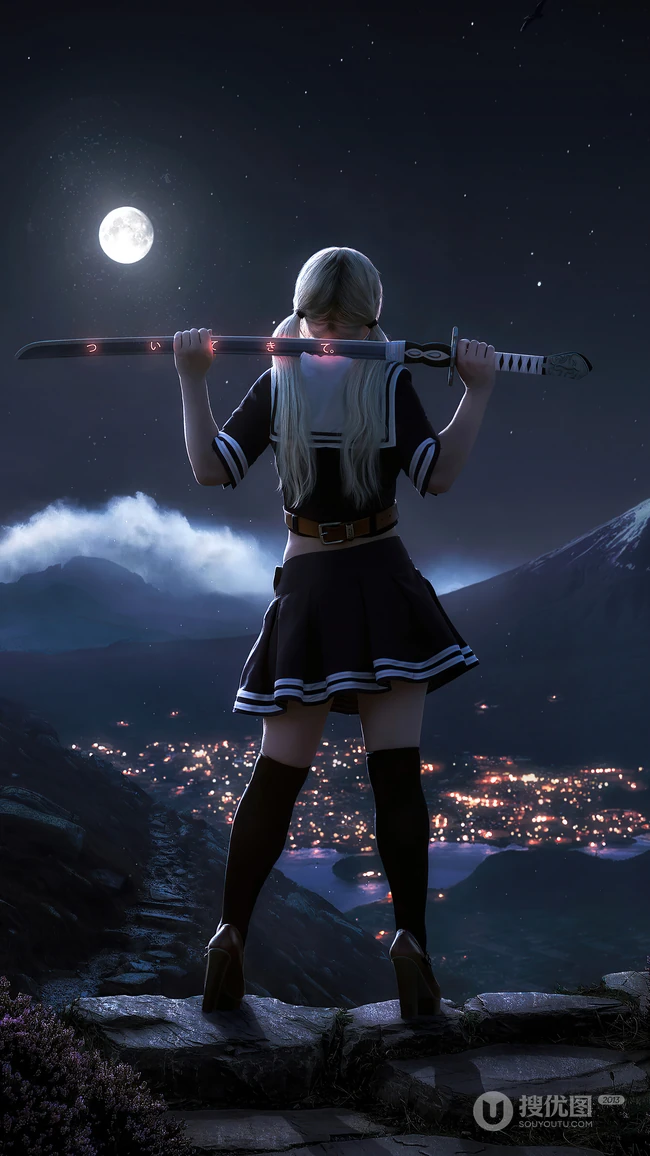 明月高悬 站在石头上 肩上搭着武士刀的JK制服动漫少女背影手机壁纸图片