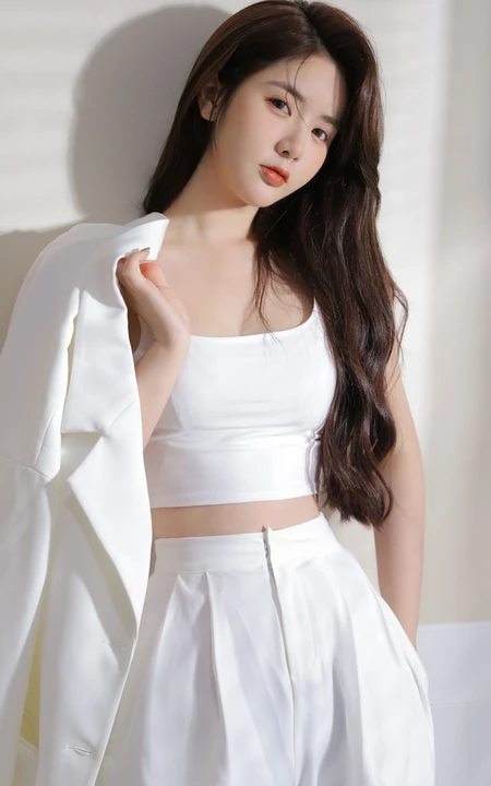 微卷长发气质美女全白LOOK紧身背心长裤小西装穿着时尚手机壁纸图片