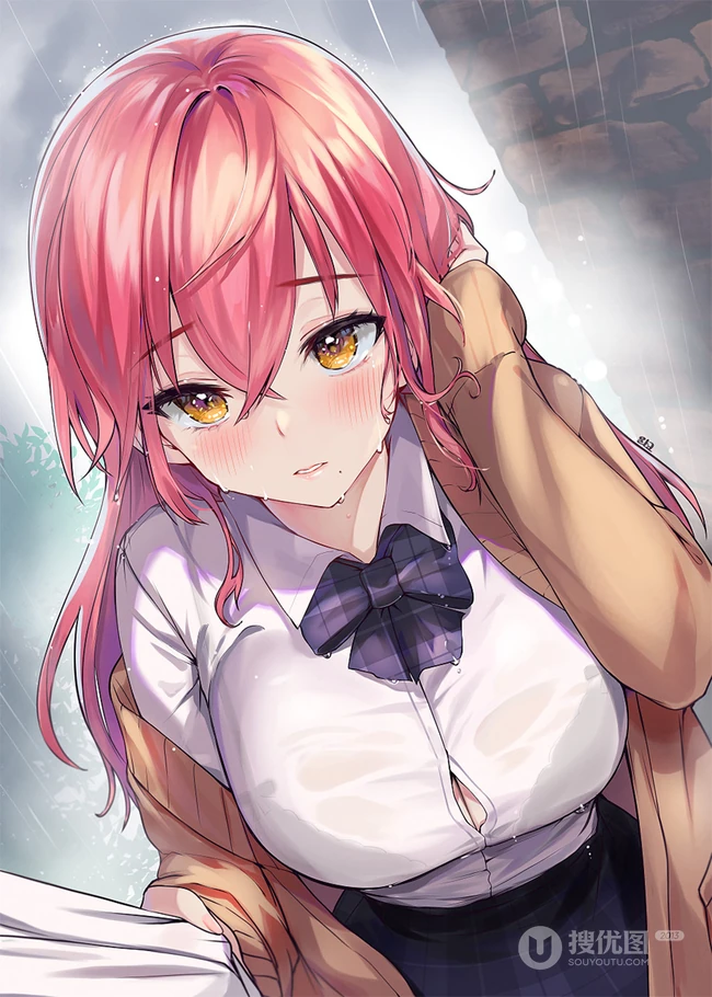 穿纽扣衬衣的动漫女生插画图片