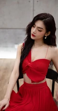 曾可妮浓妆淡抹，手拿玫瑰，身着针织红裙气质动人写真照片