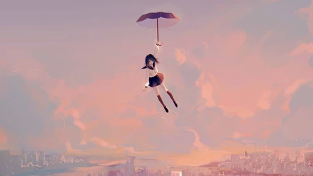 手拿雨伞在空中缓缓飘落的动漫JK制服少女唯美高清壁纸图片