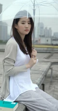 刘亦菲清新文艺休闲穿搭户外写真，手拿透明雨伞眼神清澈动人