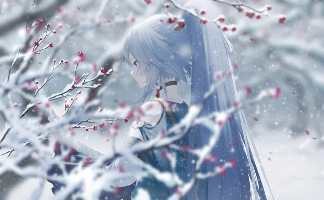 寒冷的冬，花儿与少女， 唯美二次动漫少女冬季美感图片集