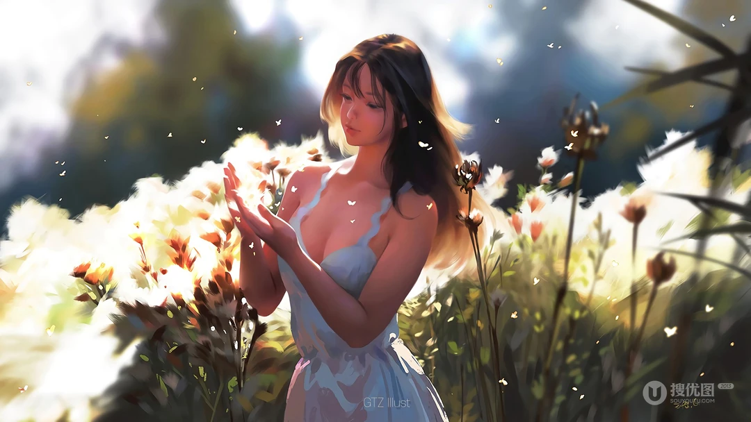 厚重涂绘 户外 花丛 一个长发飘飘 穿着吊带裙的美胸性感动漫女生壁纸图片