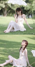 赤足行走在草地上的清纯肩带蕾丝裙双麻花辫少女超美高清写真图片