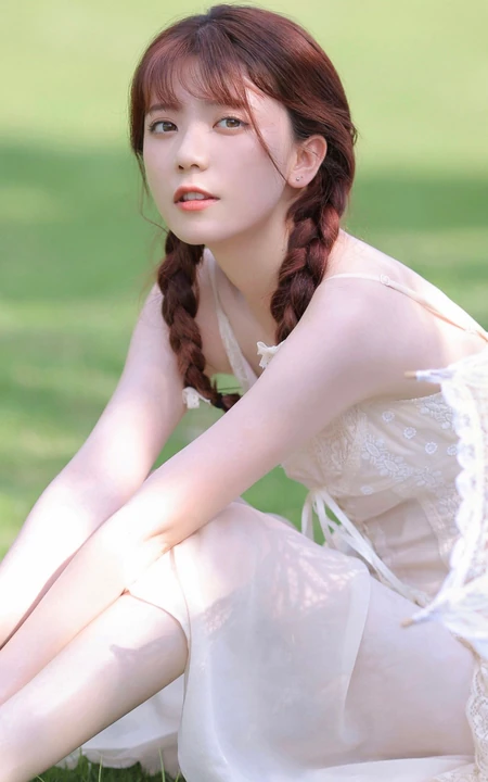 赤足行走在草地上的清纯肩带蕾丝裙双麻花辫少女超美高清写真图片