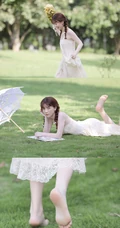 赤足行走在草地上的清纯肩带蕾丝裙双麻花辫少女超美高清写真图片