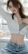 鹅蛋脸，精致面容精选少女运动背心牛仔裤厨房写真显完美纤细线条身材图片