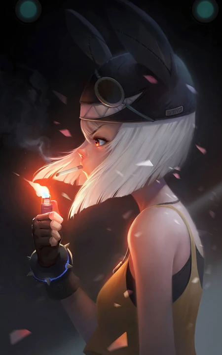 打火机 火 抽烟少女 戴着兔耳兔帽，白发 瘦弱动漫少女手机壁纸