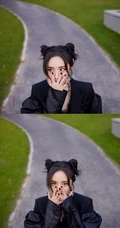 杨幂可爱酷飒双丸子头发型搭配大耳饰，黑裙，深袜袜公园小路写真美照