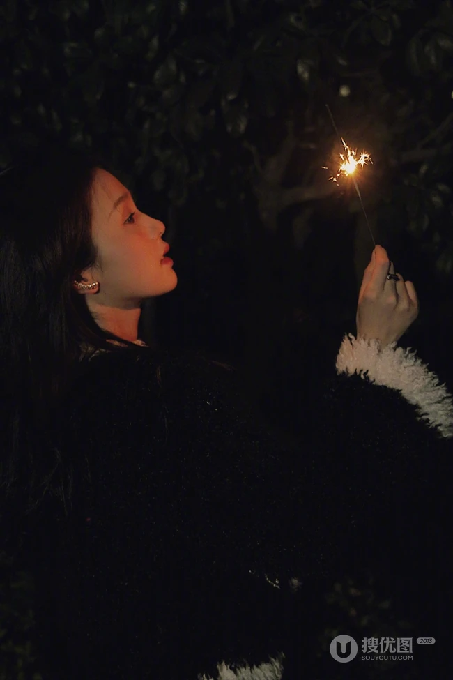 白鹿手拿小烟花夜晚户外燃放烟花浪漫可人写真美照