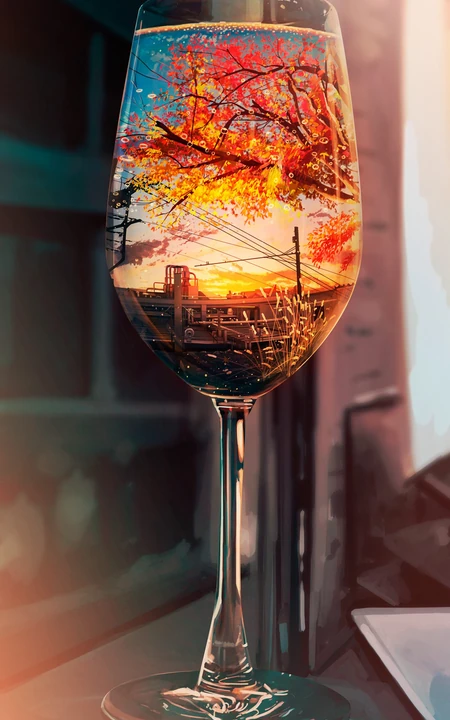 杯中世界  高脚杯 红色的树叶 唯美创意杯中世界插画手绘手机壁纸图片
