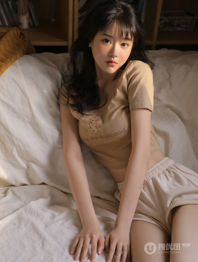 颜值高，身材棒，精选纤细线条线条感少女休闲T恤衫短裤居家可爱甜美写真照