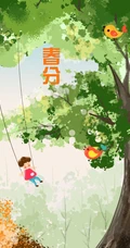 春分节气壁纸 大树 小鸟，荡秋千的小女孩清新手机壁纸图片