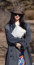 刘亦菲手拿白色小包户外小树林酷美写真照片