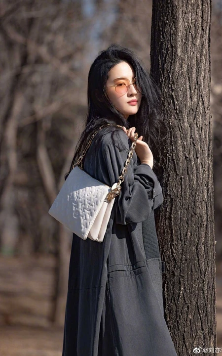 刘亦菲手拿白色小包户外小树林酷美写真照片