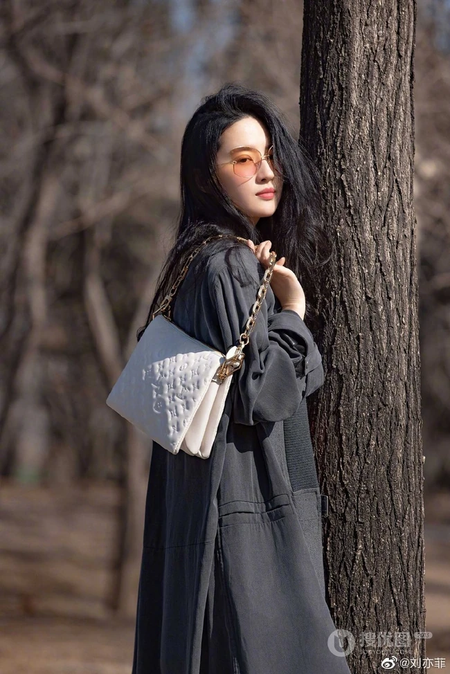 刘亦菲手拿白色小包户外小树林酷美写真照片