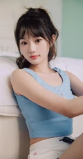 浅粉清新气质马尾辫女生小妹蓝色背心短裤居家悠闲写真图片