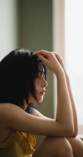 五官精致，清纯苗条的肩带紧身死库水家居服少女孤单伤感高清室内写真照