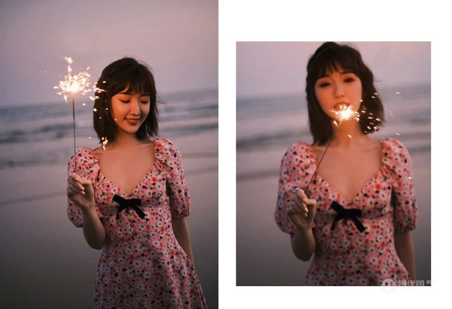 毛晓彤气质可爱V领印花裙海边玩烟花，笑容灿烂，甜美动人