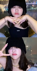 THE9女生成员谢可寅黑色肩带背心牛仔裤气质酷飒室内写真照片