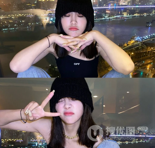 THE9女生成员谢可寅黑色肩带背心牛仔裤气质酷飒室内写真照片